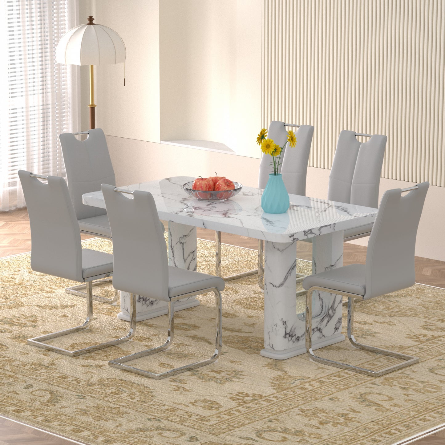 Sumdeal Modern 64.5 Inch Marble Textured Dining Table with 4/6 Faux Leather Upholstered Chairs - Elegant Kitchen and Dining Room Set