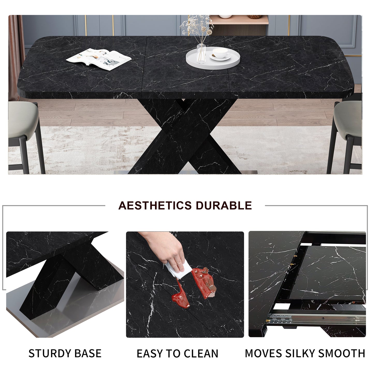Sumdeal White Modern Dining Stretchable Function, Marble Top, MDF X-Shape Table Leg and Metal Base, 62.99"
