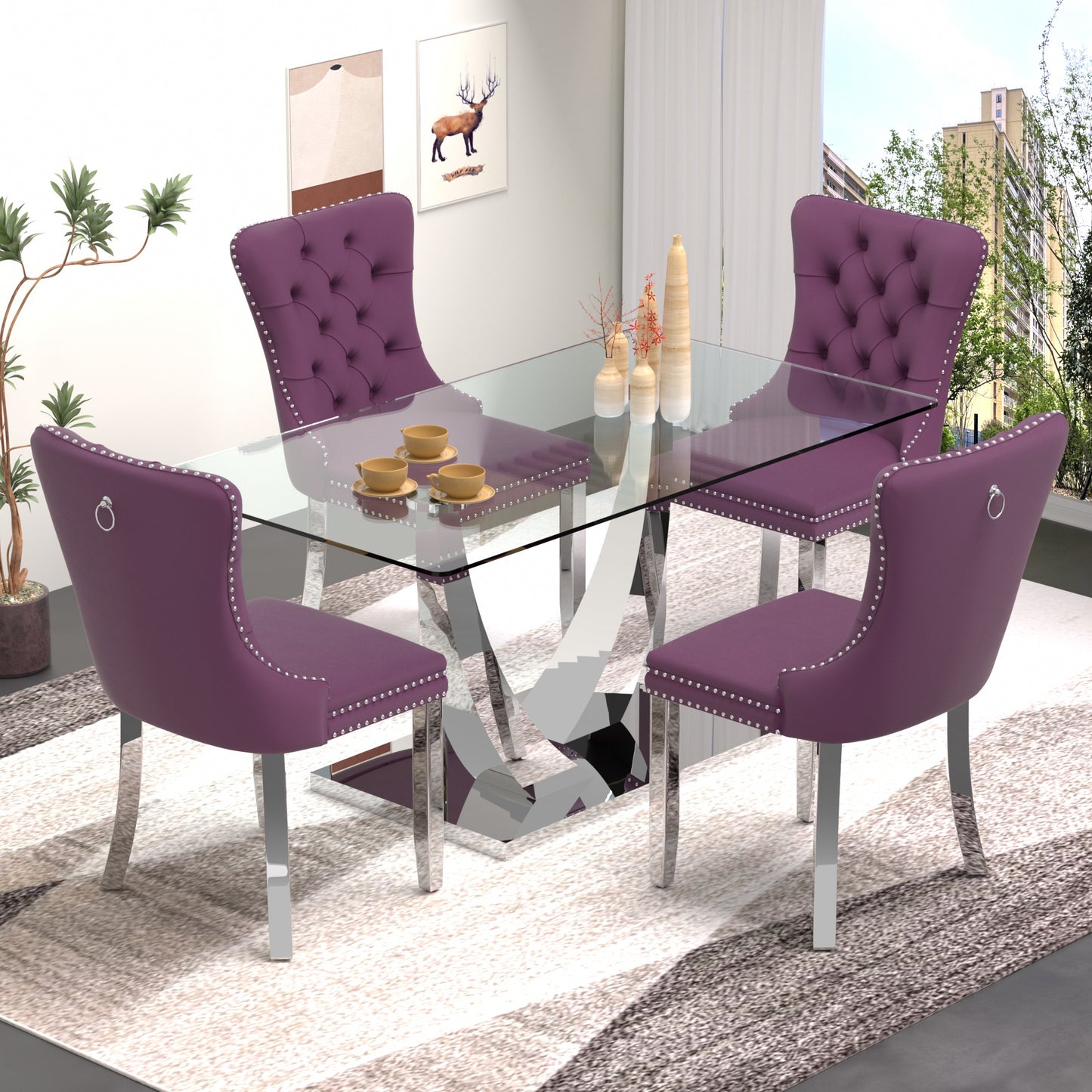 Sumdeal 63" Modern Tempered Glass Dining Room Set , Kitchen & Dining Room Glass Table with Velvet Dining Chairs,Glass Dining Table Set for 4,Glass Dining  Table sets for 6