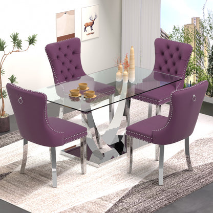 Sumdeal 63" Modern Tempered Glass Dining Room Set , Kitchen & Dining Room Glass Table with Velvet Dining Chairs,Glass Dining Table Set for 4,Glass Dining  Table sets for 6