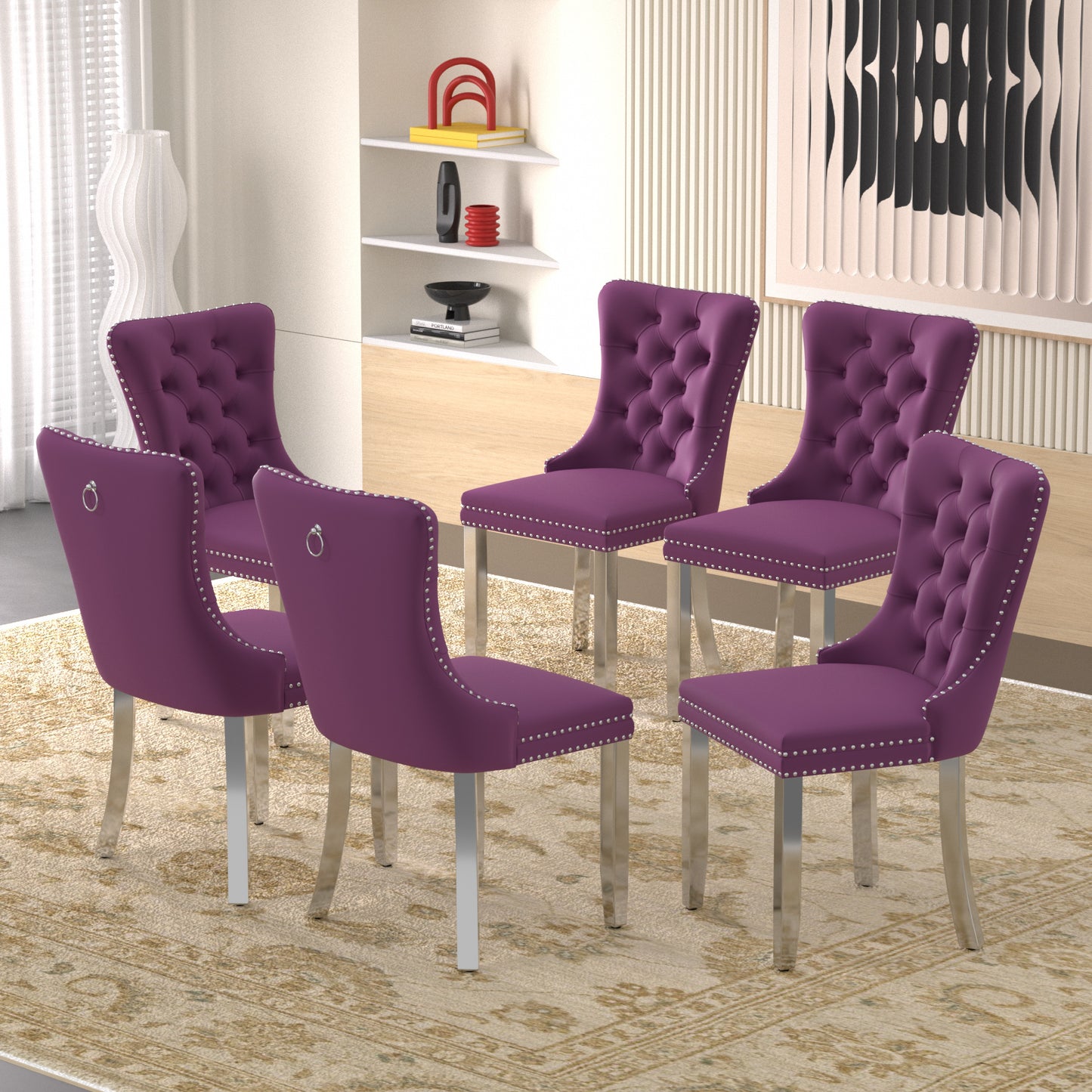 Sumdeal Velvet Dining Chairs Set of 6, Tall Back Side Chair, Modern Upholstered High-end Tufted Side Chair with Button Back Ring