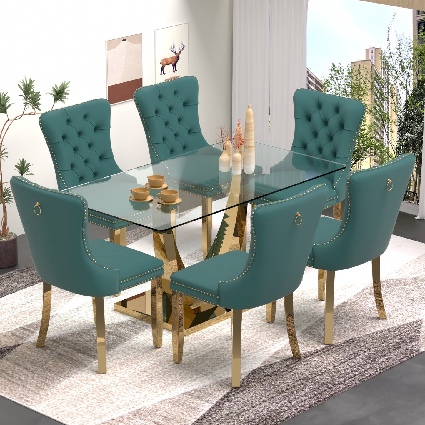 Sumdeal 63" Modern Tempered Glass Dining Room Set , Kitchen & Dining Room Glass Table with Velvet Dining Chairs,Glass Dining Table Set for 4,Glass Dining  Table sets for 6