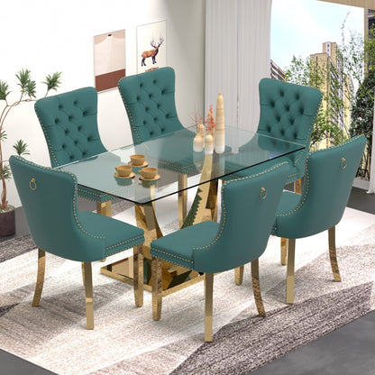 Sumdeal 63" Modern Tempered Glass Dining Room Set , Kitchen & Dining Room Glass Table with Velvet Dining Chairs,Glass Dining Table Set for 4,Glass Dining  Table sets for 6