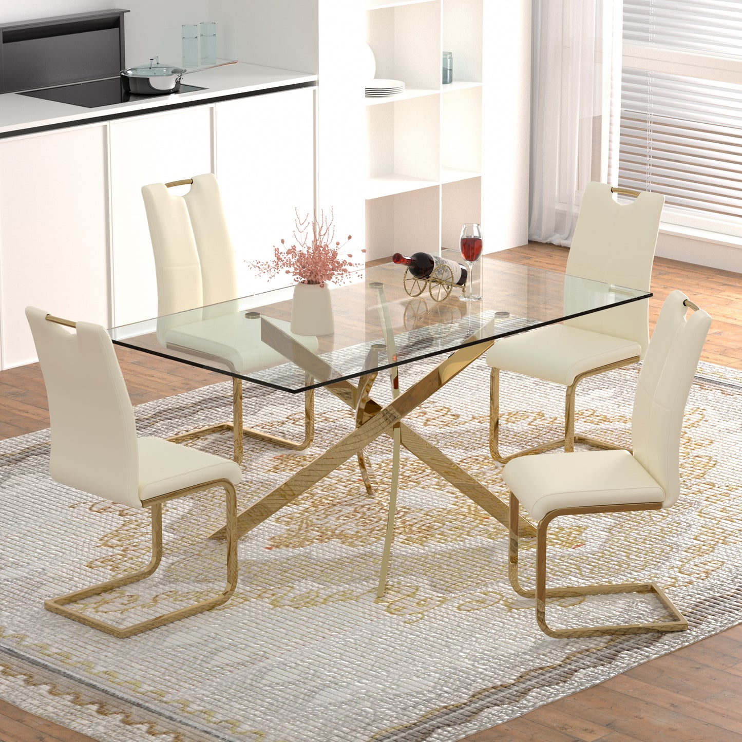 Sumdeal 63" Glass Dining Table Set for 6,Silver Base Dining Room Table with 6 Silver Leg C Shape Chairs