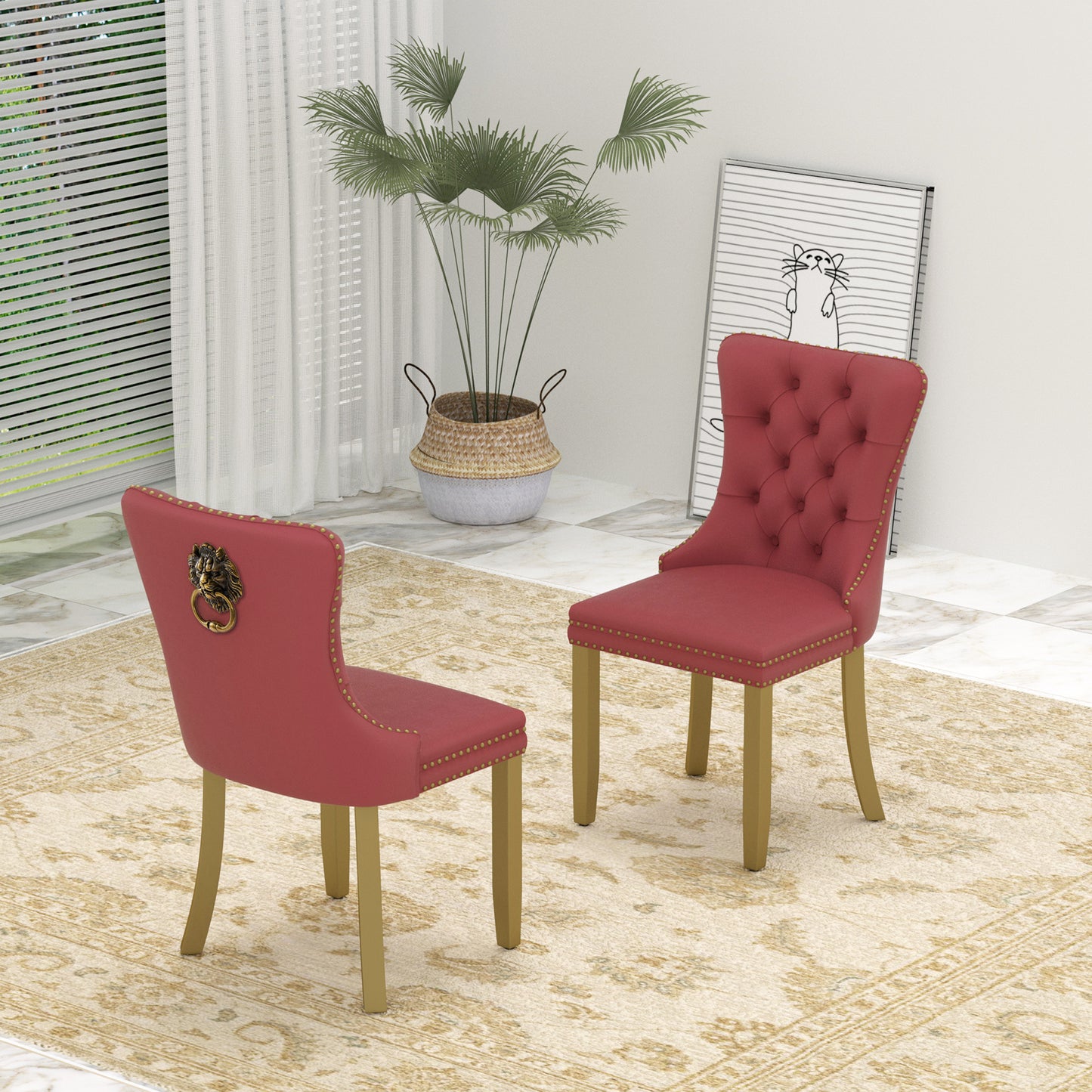 Sumdeal Mid-Century Modern Dining Chairs with Lion Head Pull Ring - High-End Tufted Velvet Upholstered Accent Chairs with Golden Legs & Nailhead Trim
