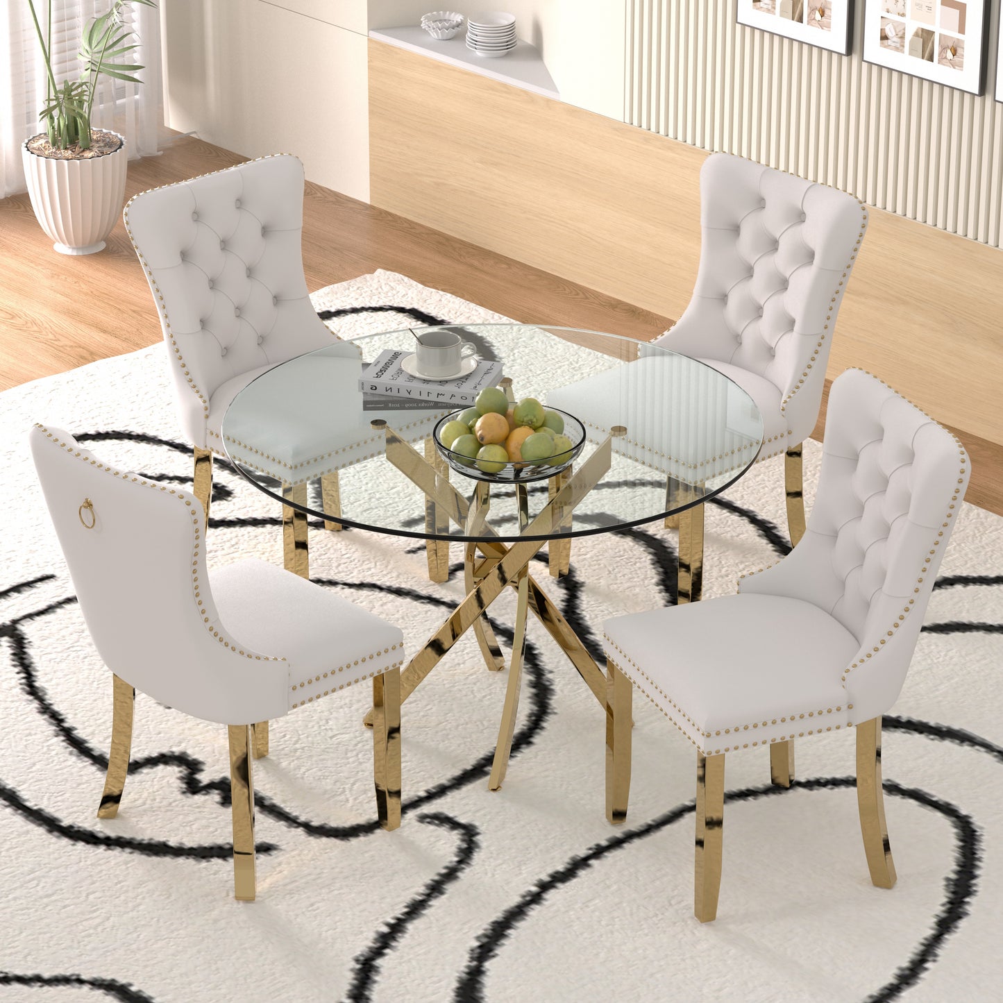 Sumdeal 47" Modern Round Glass Dining Table Room Sets for 4,Dining Table with 4 Velvet Dining Chairs