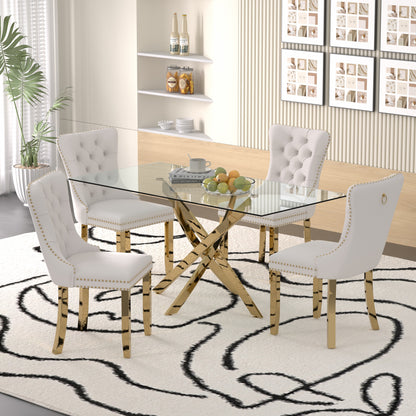 Sumdeal 63" Modern Glass Dining Table Room Sets for 6,Glass Dining Table with Velvet Dining Chairs