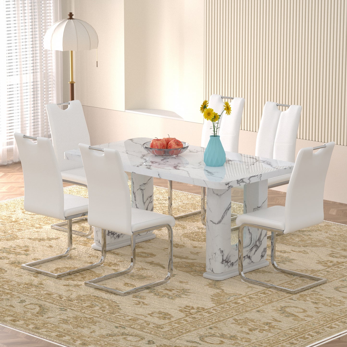 Sumdeal Modern 64.5 Inch Marble Textured Dining Table with 4/6 Faux Leather Upholstered Chairs - Elegant Kitchen and Dining Room Set