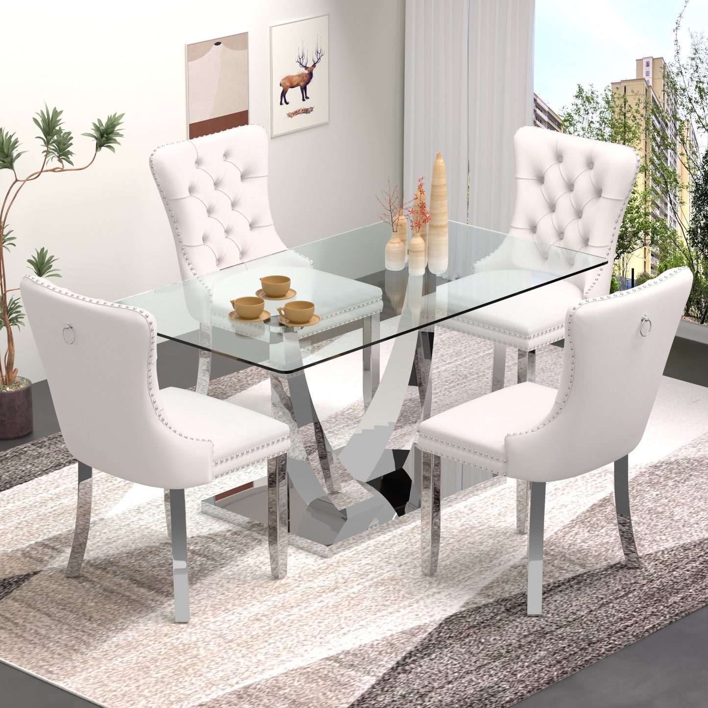 Sumdeal 63" Modern Tempered Glass Dining Room Set , Kitchen & Dining Room Glass Table with Velvet Dining Chairs,Glass Dining Table Set for 4,Glass Dining  Table sets for 6