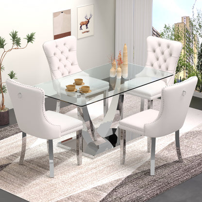 Sumdeal 63" Modern Tempered Glass Dining Room Set , Kitchen & Dining Room Glass Table with Velvet Dining Chairs,Glass Dining Table Set for 4,Glass Dining  Table sets for 6