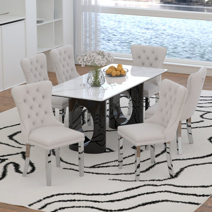Sumdeal 71" Black base White Sintered Stone Dining Table with Velvet Upholstered Chairs Set of 4,Set of 6,Set of 8