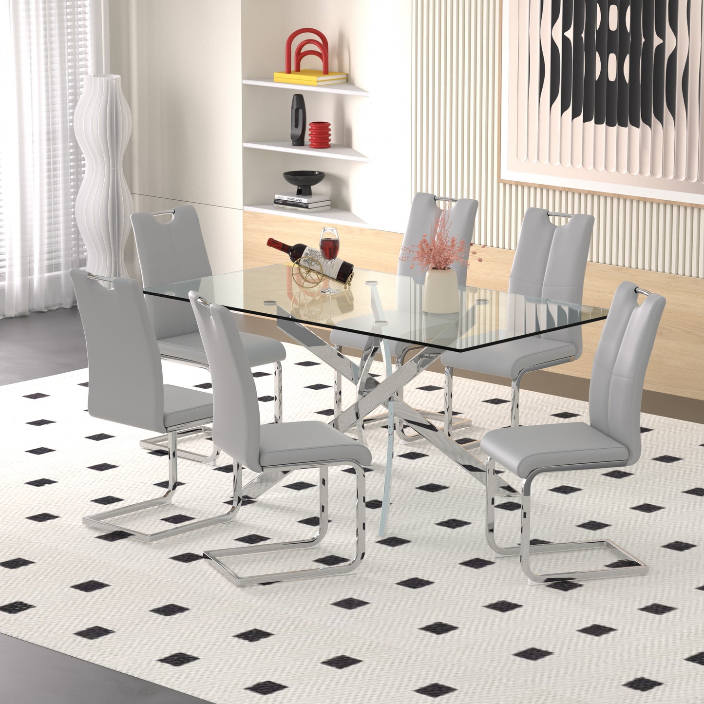 Sumdeal 63" Glass Dining Table Set for 6,Silver Base Dining Room Table with 6 Silver Leg C Shape Chairs