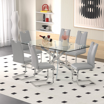 Sumdeal 63" Glass Dining Table Set for 6,Silver Base Dining Room Table with 6 Silver Leg C Shape Chairs