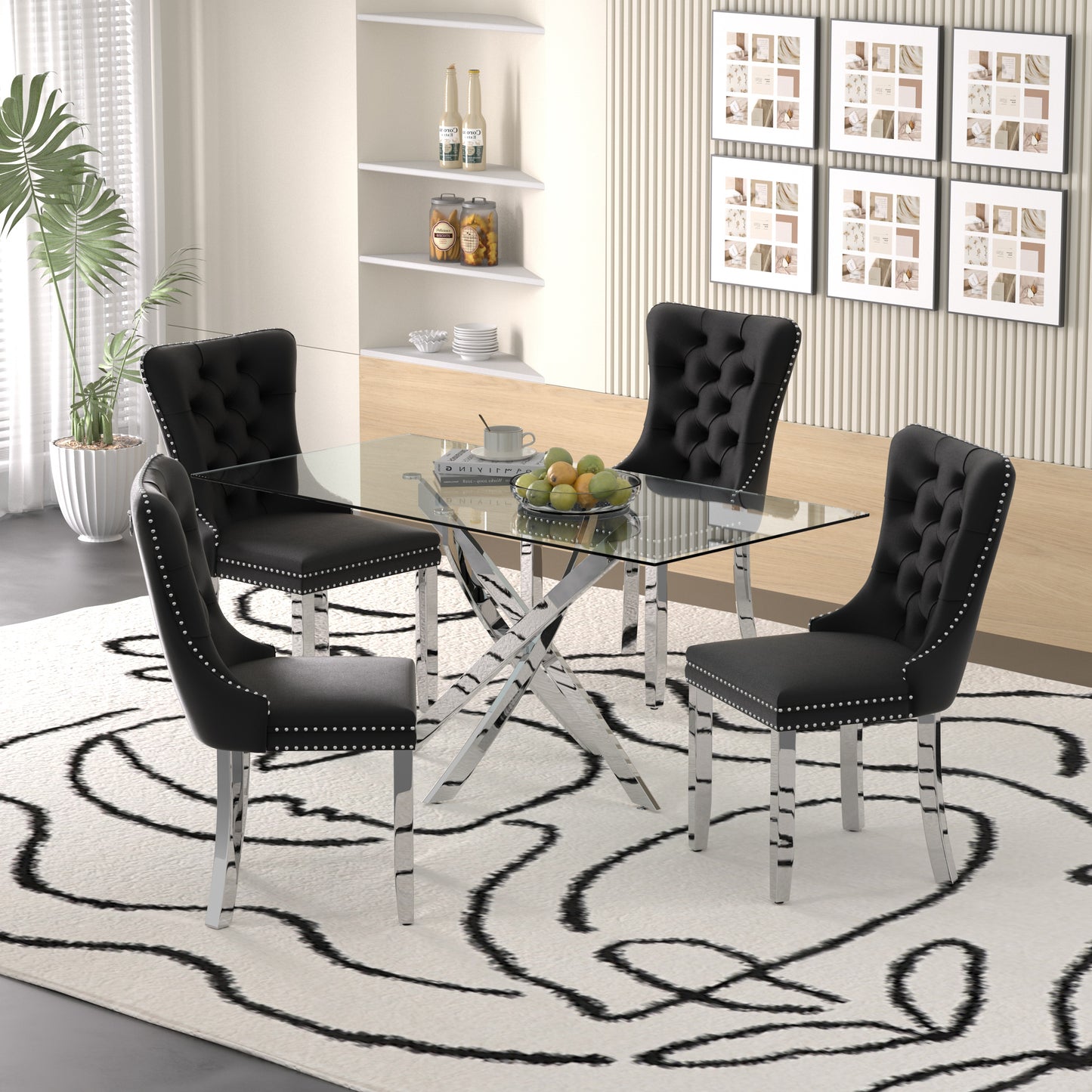 Sumdeal 63" Modern Glass Dining Table Room Sets for 6,Glass Dining Table with Velvet Dining Chairs