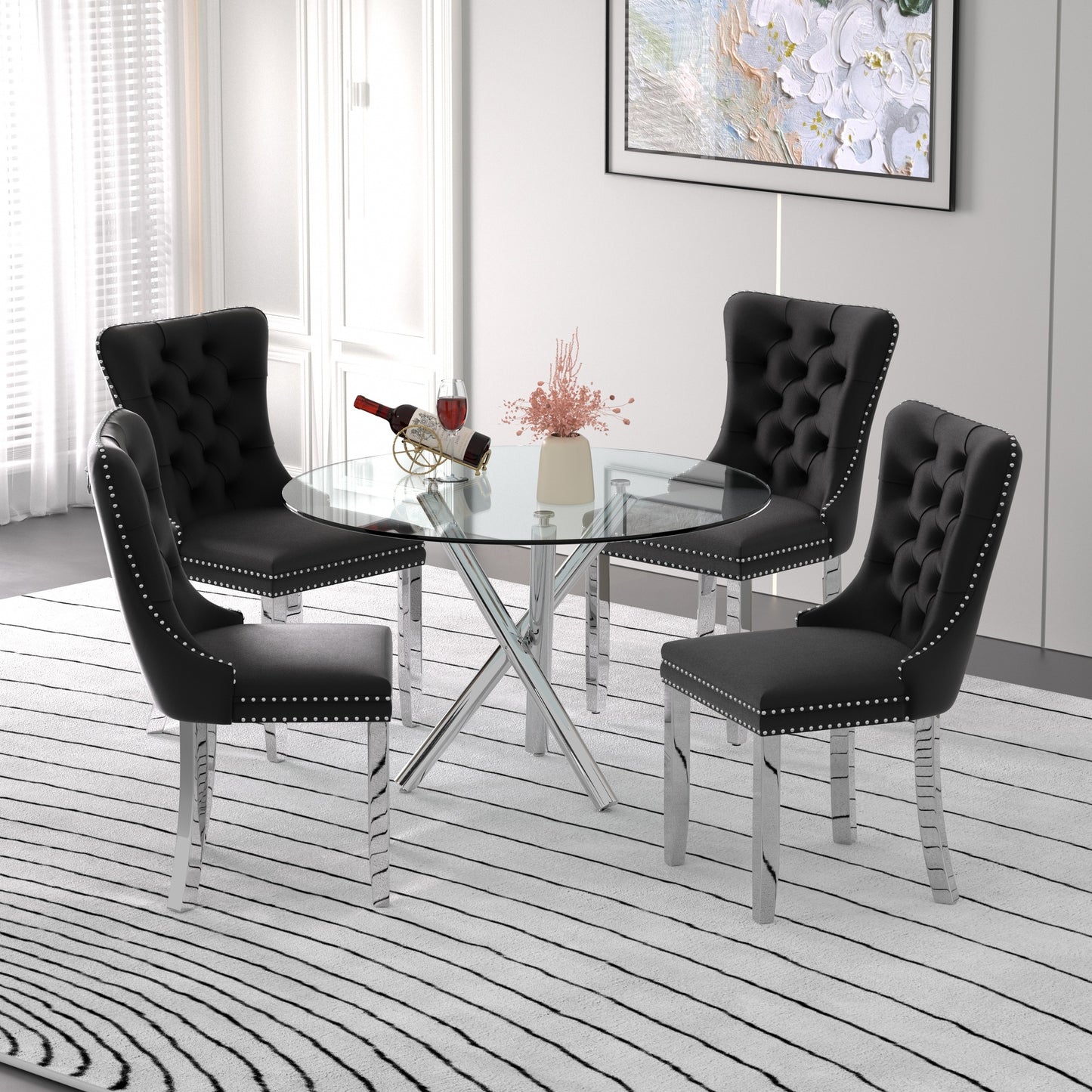 Sumdeal Modern 47" Round Glass Dining Table and 4 Velvet Upholstered Chair Set,Cylindrical table legs