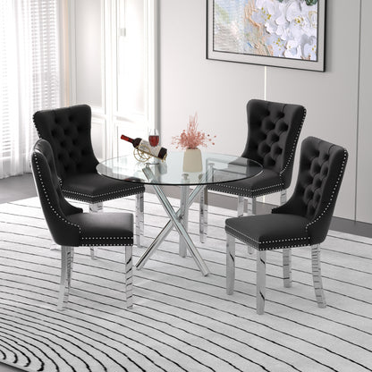 Sumdeal Modern 47" Round Glass Dining Table and 4 Velvet Upholstered Chair Set,Cylindrical table legs