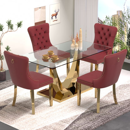 Sumdeal 63" Modern Tempered Glass Dining Room Set , Kitchen & Dining Room Glass Table with Velvet Dining Chairs,Glass Dining Table Set for 4,Glass Dining  Table sets for 6