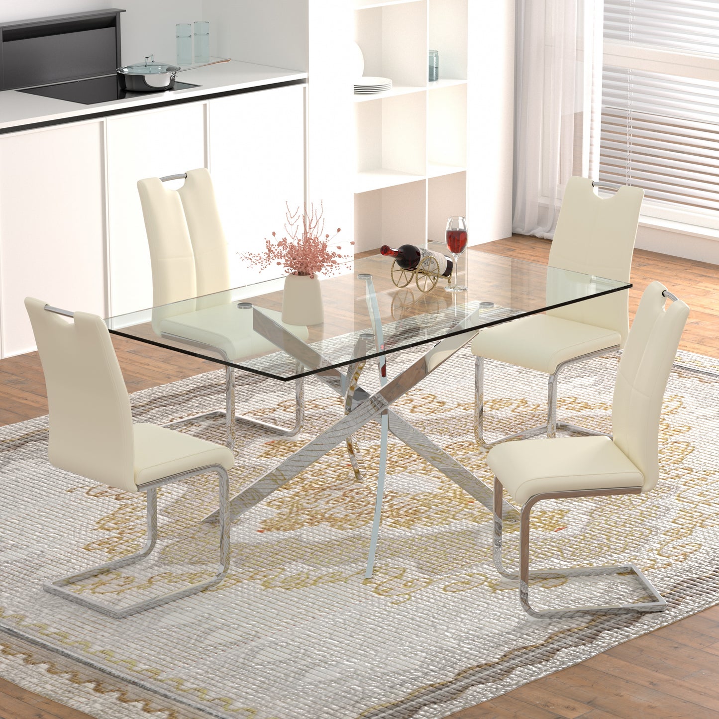 Sumdeal 63" Glass Dining Table Set for 6,Silver Base Dining Room Table with 6 Silver Leg C Shape Chairs