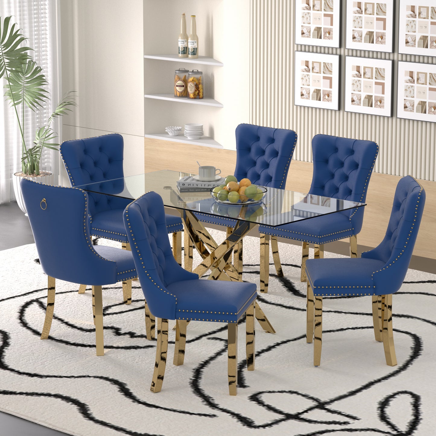 Sumdeal 63" Modern Glass Dining Table Room Sets for 6,Glass Dining Table with Velvet Dining Chairs