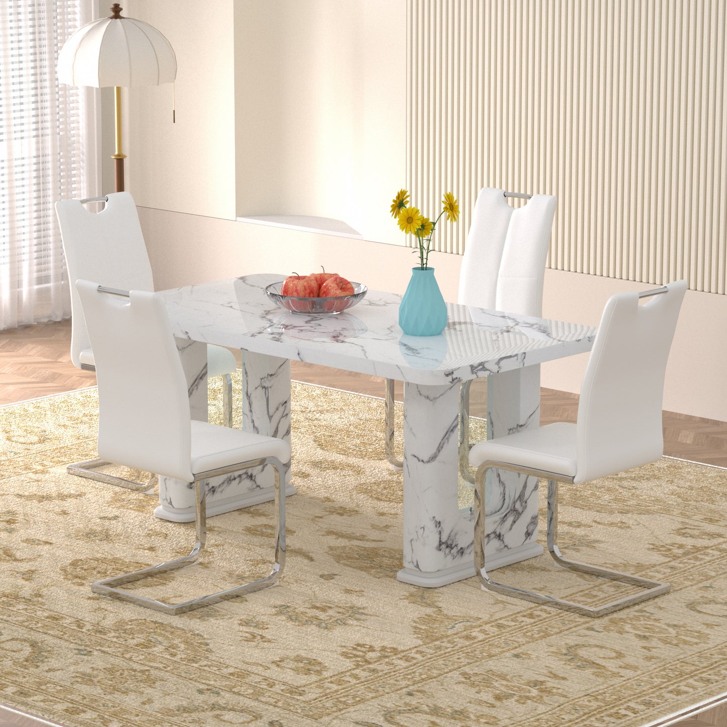 Sumdeal Modern 64.5 Inch Marble Textured Dining Table with 4/6 Faux Leather Upholstered Chairs - Elegant Kitchen and Dining Room Set