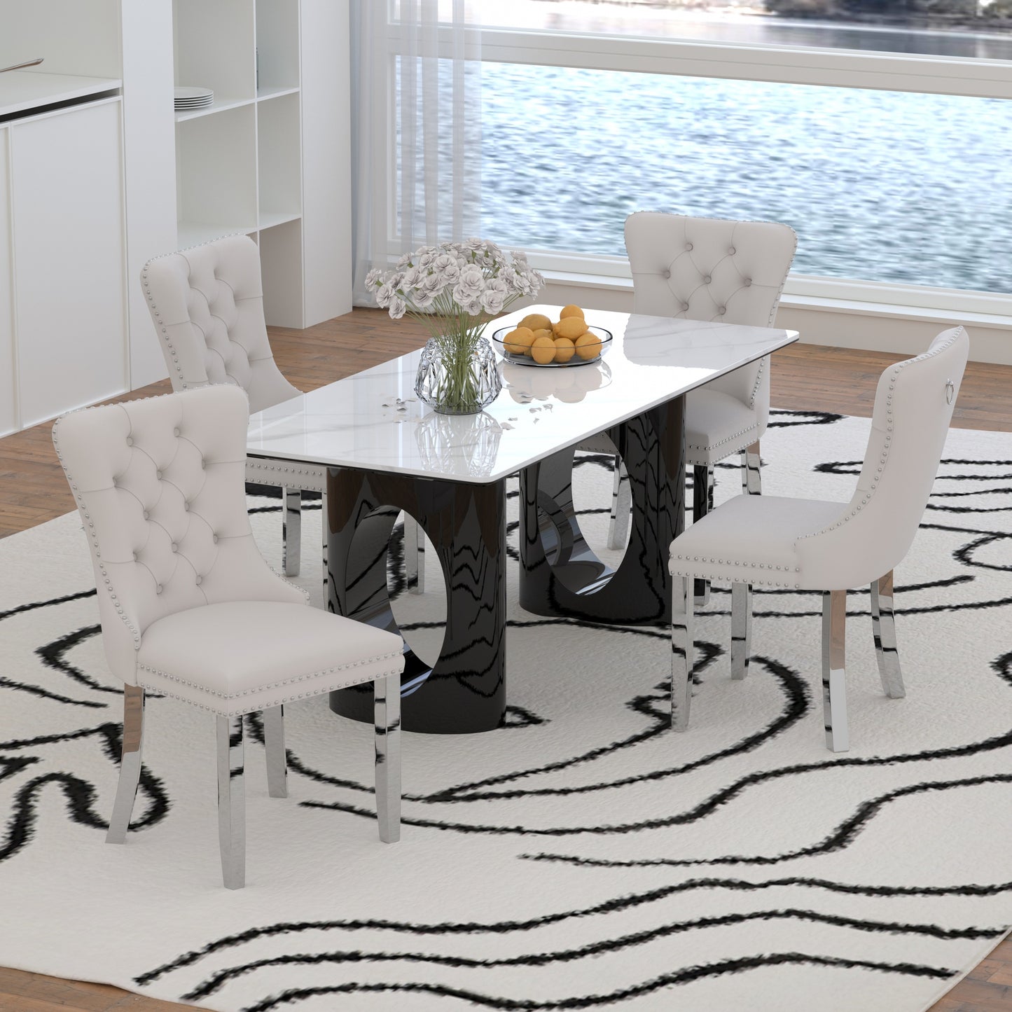 Sumdeal 71" Black base White Sintered Stone Dining Table with Velvet Upholstered Chairs Set of 4,Set of 6,Set of 8