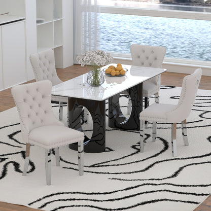 Sumdeal 71" Black base White Sintered Stone Dining Table with Velvet Upholstered Chairs Set of 4,Set of 6,Set of 8