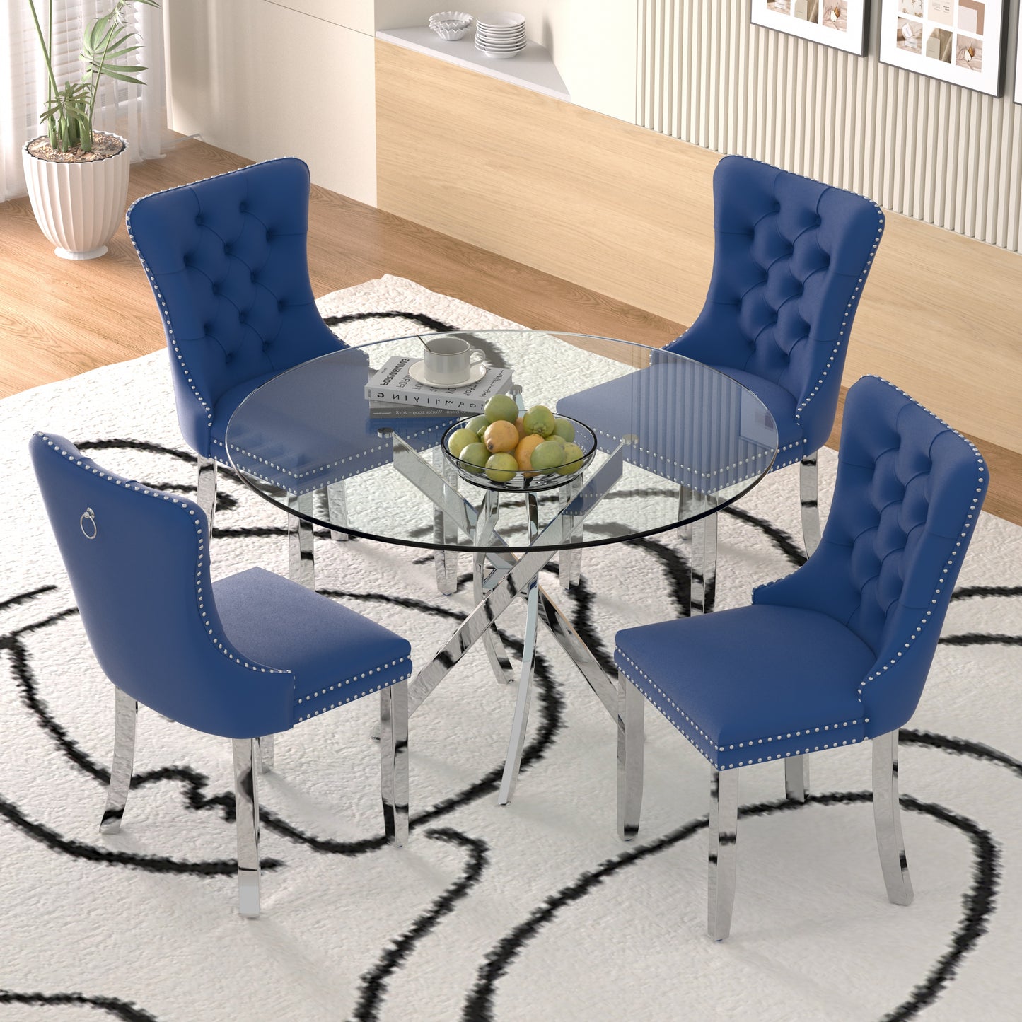 Sumdeal 47" Modern Round Glass Dining Table Room Sets for 4,Dining Table with 4 Velvet Dining Chairs