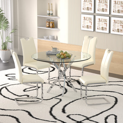 Sumdeal 47" Modern Round Glass Dining Table Room Sets for 4,Dining Table with 4 PU Leather Dining Chairs