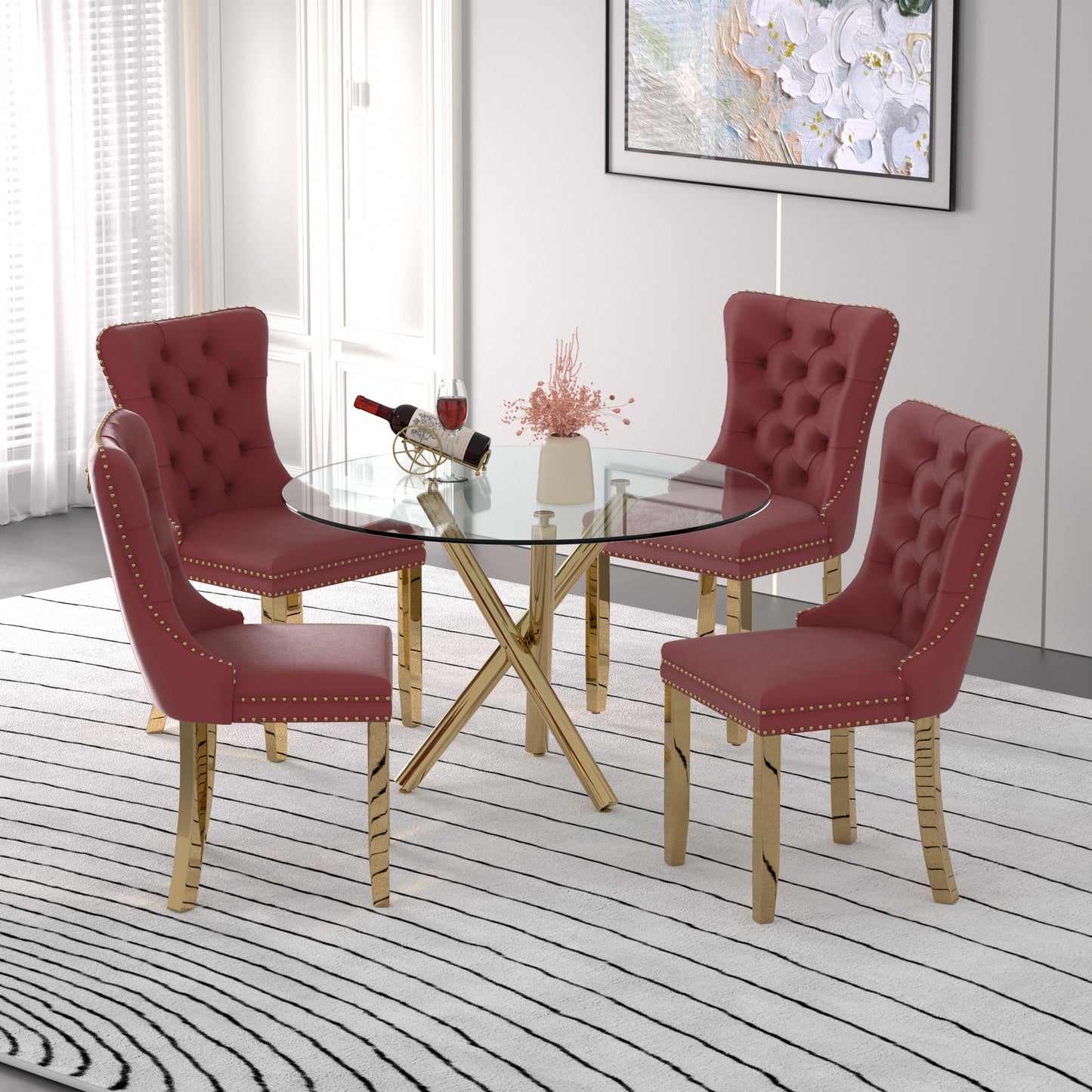 Sumdeal Modern 47" Round Glass Dining Table and 4 Velvet Upholstered Chair Set,Cylindrical table legs