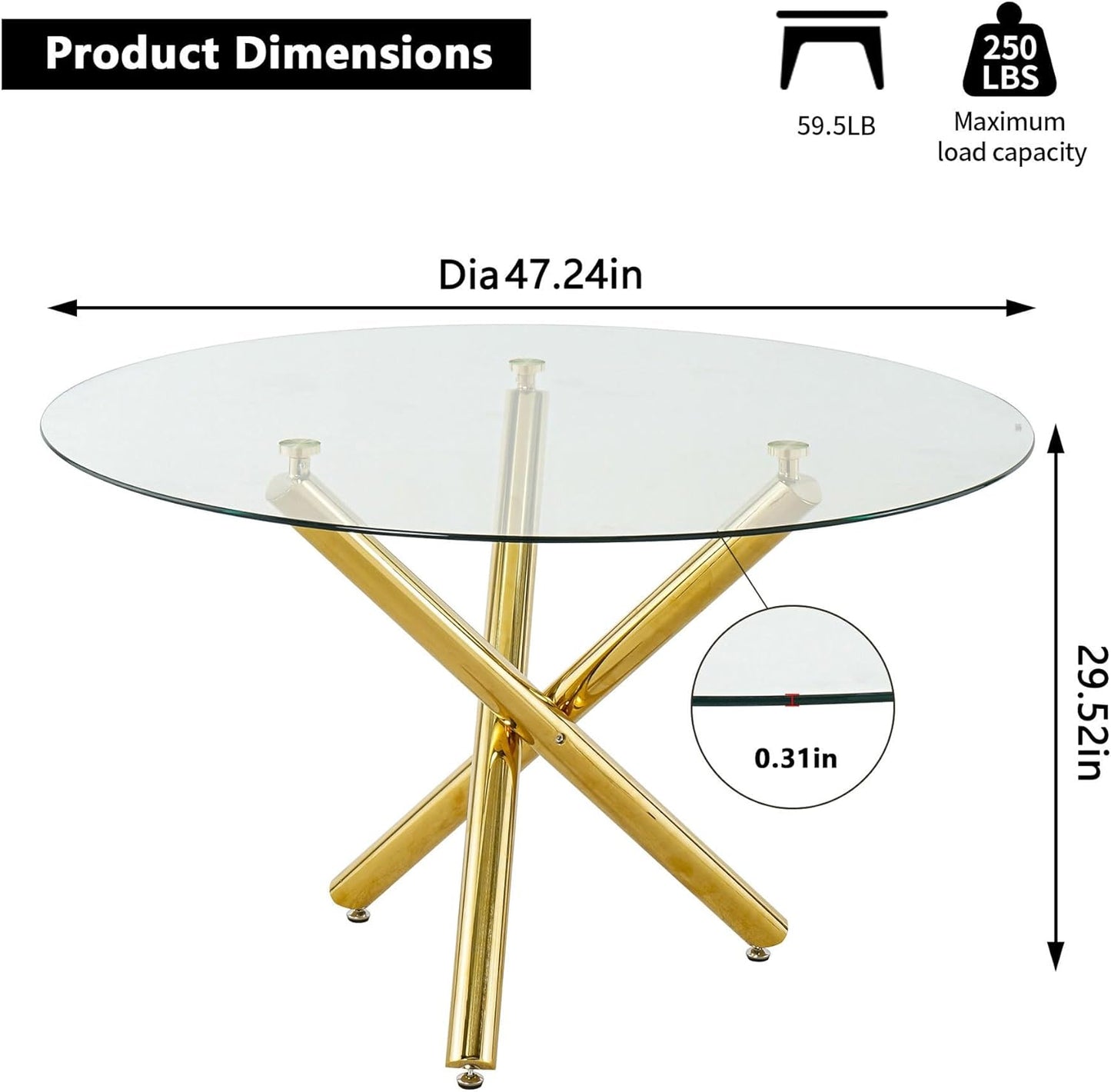 Sumdeal Modern 47" Round Glass Dining Table with Cylindrical legs