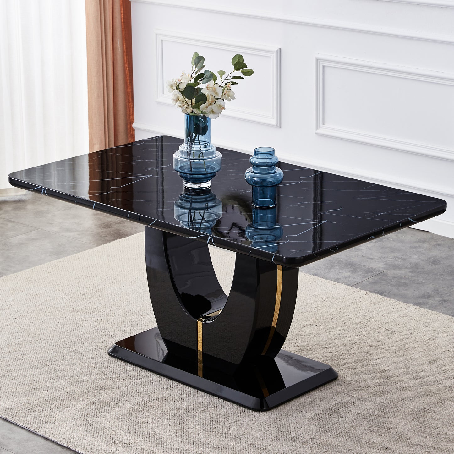 Sumdeal 63" Long Dining Table for 4-6 Modern Faux Marble Dining Table with U-Shape Pedestal Base Mid-Century Rectangle Kitchen Dinner Table