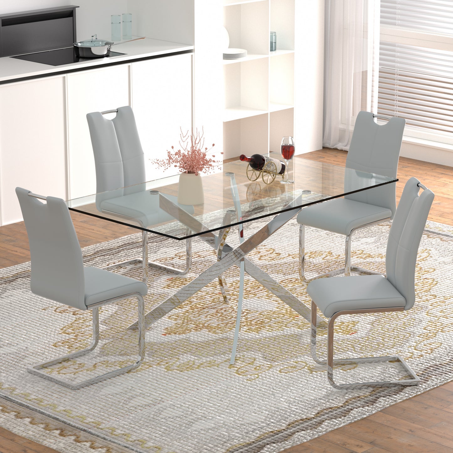Sumdeal 63" Glass Dining Table Set for 6,Silver Base Dining Room Table with 6 Silver Leg C Shape Chairs