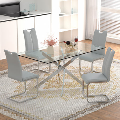 Sumdeal 63" Glass Dining Table Set for 6,Silver Base Dining Room Table with 6 Silver Leg C Shape Chairs