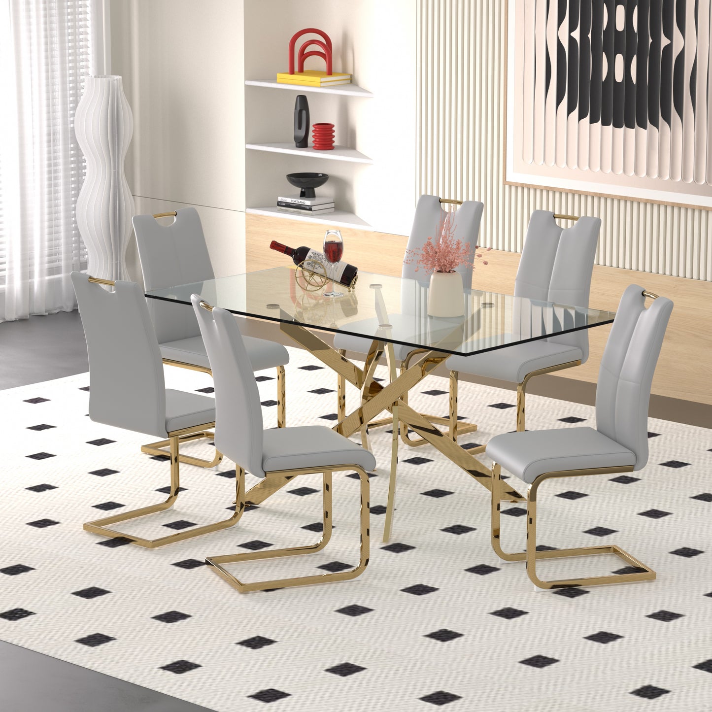 Sumdeal 63" Glass Dining Table Set for 6,Silver Base Dining Room Table with 6 Silver Leg C Shape Chairs