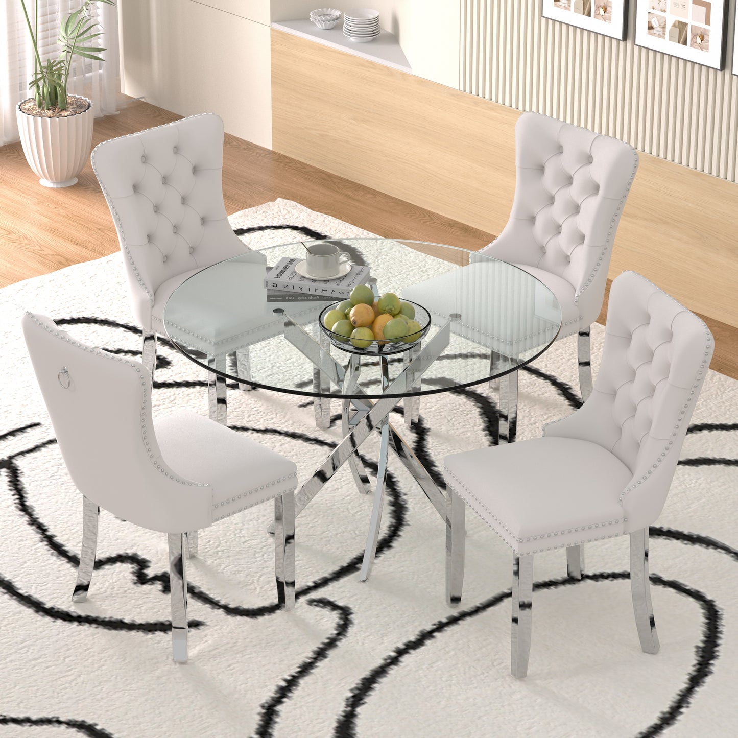 Sumdeal 47" Modern Round Glass Dining Table Room Sets for 4,Dining Table with 4 Velvet Dining Chairs
