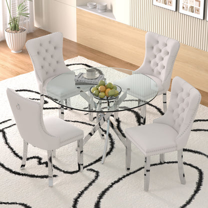 Sumdeal 47" Modern Round Glass Dining Table Room Sets for 4,Dining Table with 4 Velvet Dining Chairs