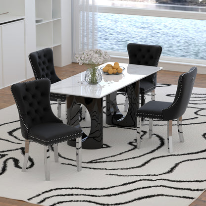 Sumdeal 71" Black base White Sintered Stone Dining Table with Velvet Upholstered Chairs Set of 4,Set of 6,Set of 8
