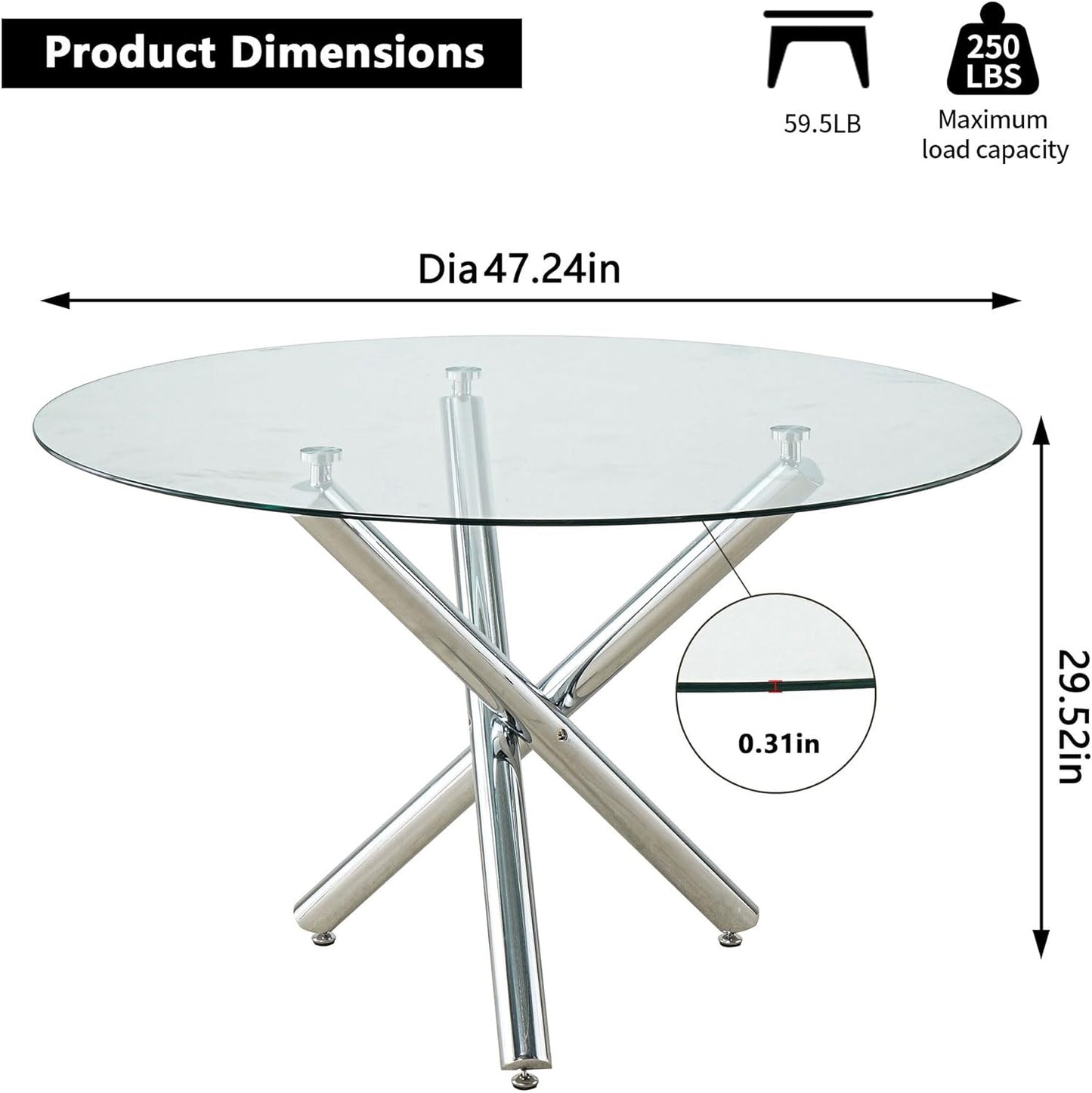 Sumdeal Modern 47" Round Glass Dining Table with Cylindrical legs