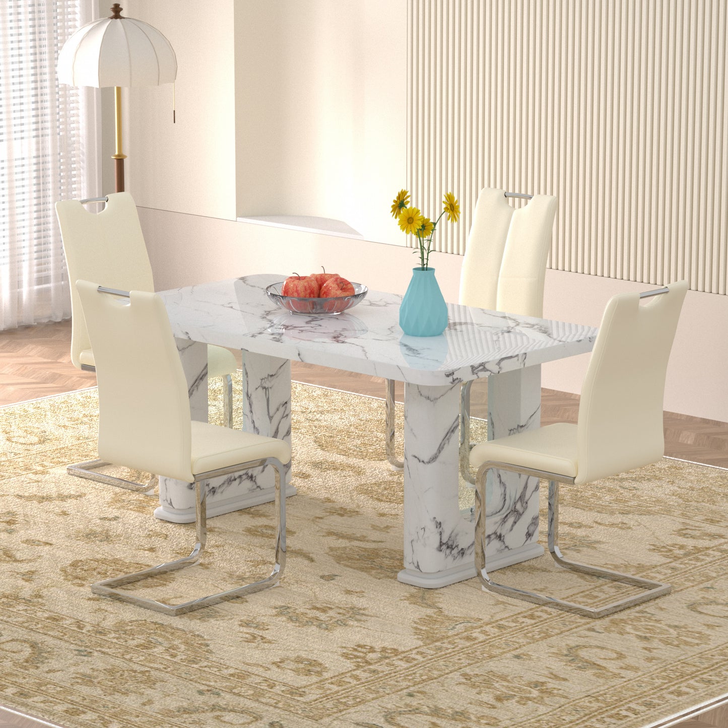 Sumdeal Modern 64.5 Inch Marble Textured Dining Table with 4/6 Faux Leather Upholstered Chairs - Elegant Kitchen and Dining Room Set