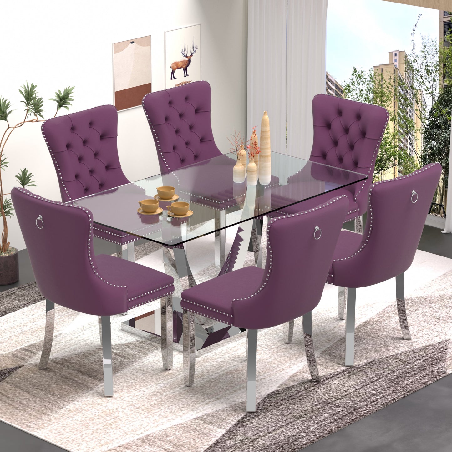 Sumdeal 63" Modern Tempered Glass Dining Room Set , Kitchen & Dining Room Glass Table with Velvet Dining Chairs,Glass Dining Table Set for 4,Glass Dining  Table sets for 6