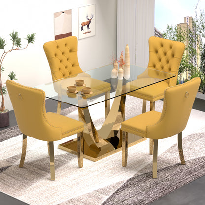 Sumdeal 63" Modern Tempered Glass Dining Room Set , Kitchen & Dining Room Glass Table with Velvet Dining Chairs,Glass Dining Table Set for 4,Glass Dining  Table sets for 6