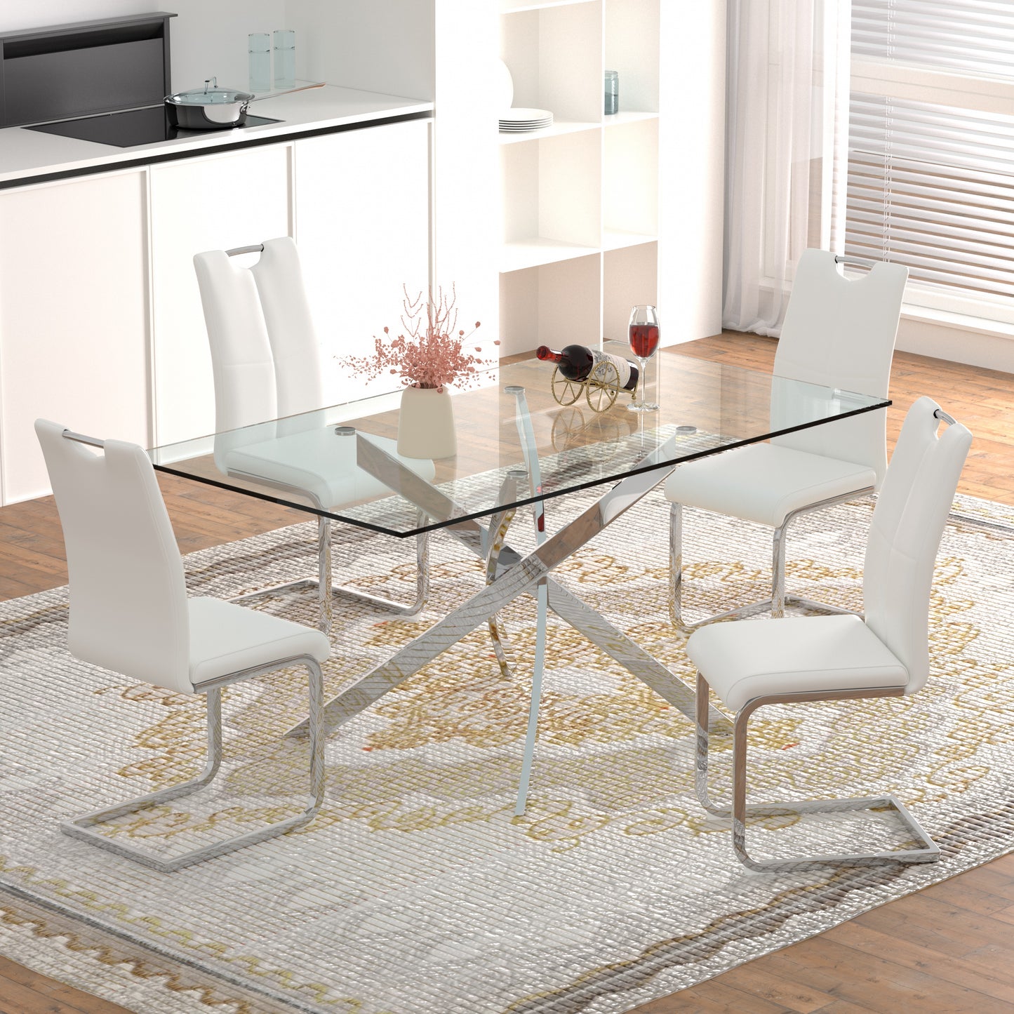 Sumdeal 63" Glass Dining Table Set for 6,Silver Base Dining Room Table with 6 Silver Leg C Shape Chairs