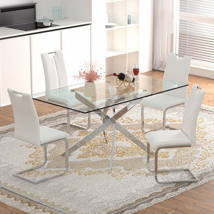 Sumdeal 63" Glass Dining Table Set for 6,Silver Base Dining Room Table with 6 Silver Leg C Shape Chairs