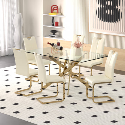 Sumdeal 63" Glass Dining Table Set for 6,Silver Base Dining Room Table with 6 Silver Leg C Shape Chairs