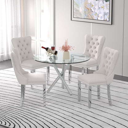 Sumdeal Modern 47" Round Glass Dining Table and 4 Velvet Upholstered Chair Set,Cylindrical table legs