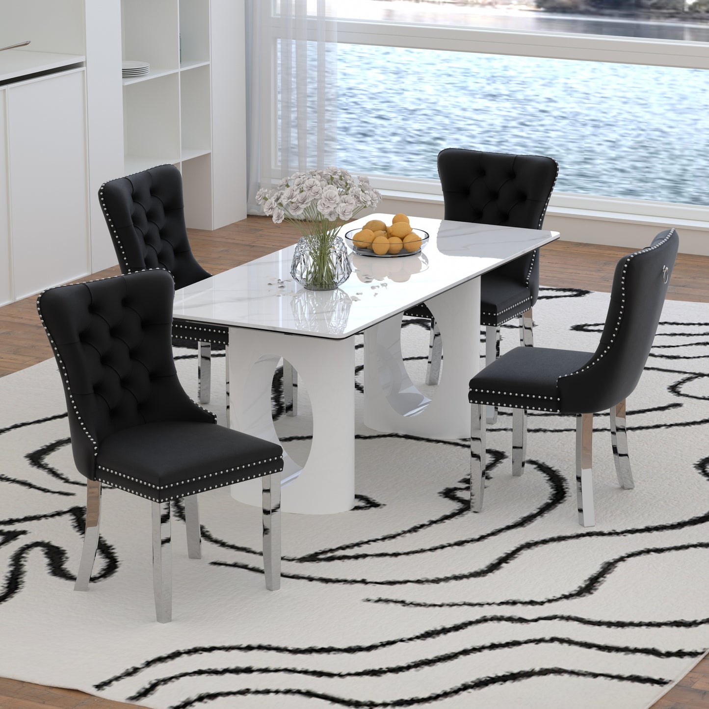 Sumdeal 71" Black base White Sintered Stone Dining Table with Velvet Upholstered Chairs Set of 4,Set of 6,Set of 8
