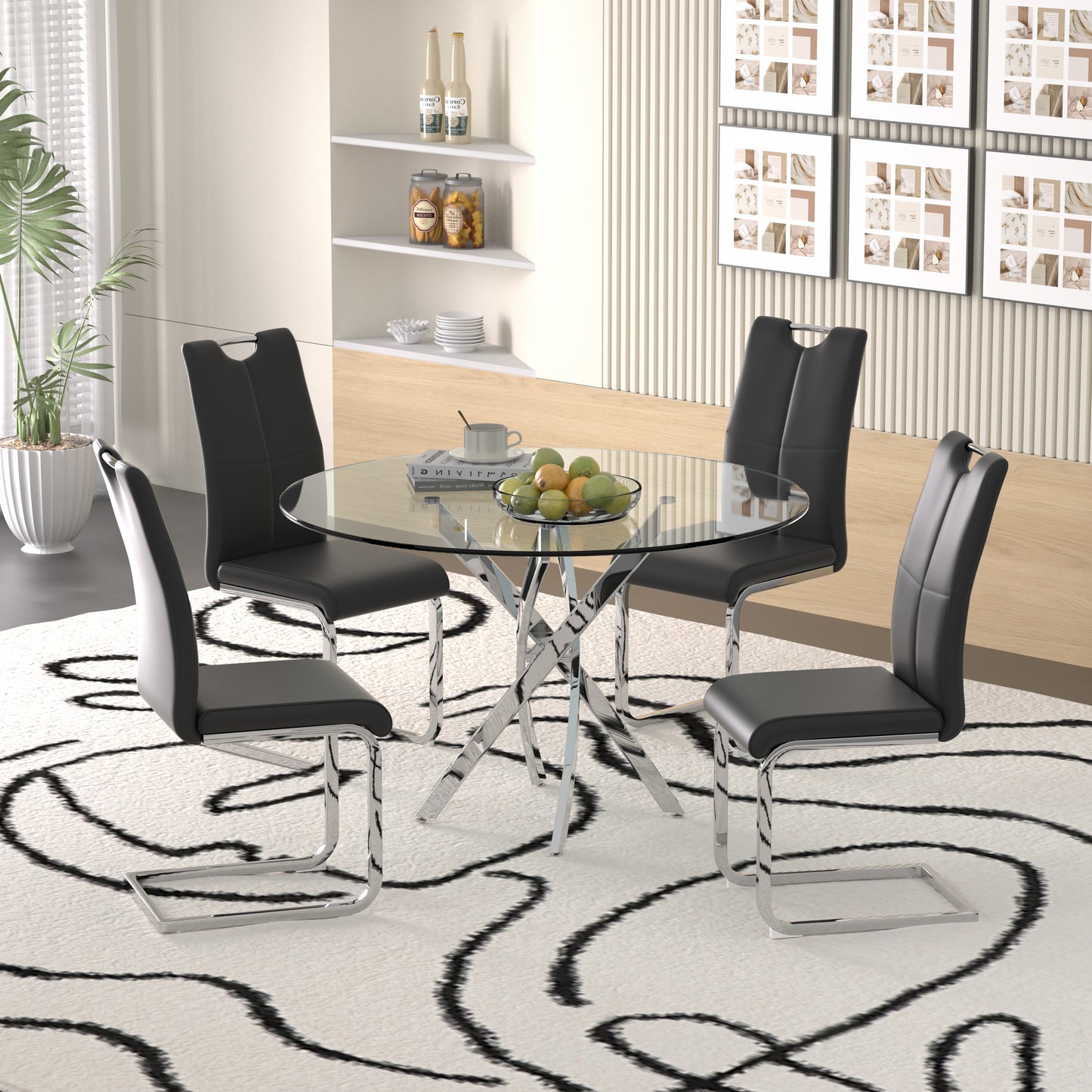 Sumdeal 47" Modern Round Glass Dining Table Room Sets for 4,Dining Table with 4 PU Leather Dining Chairs
