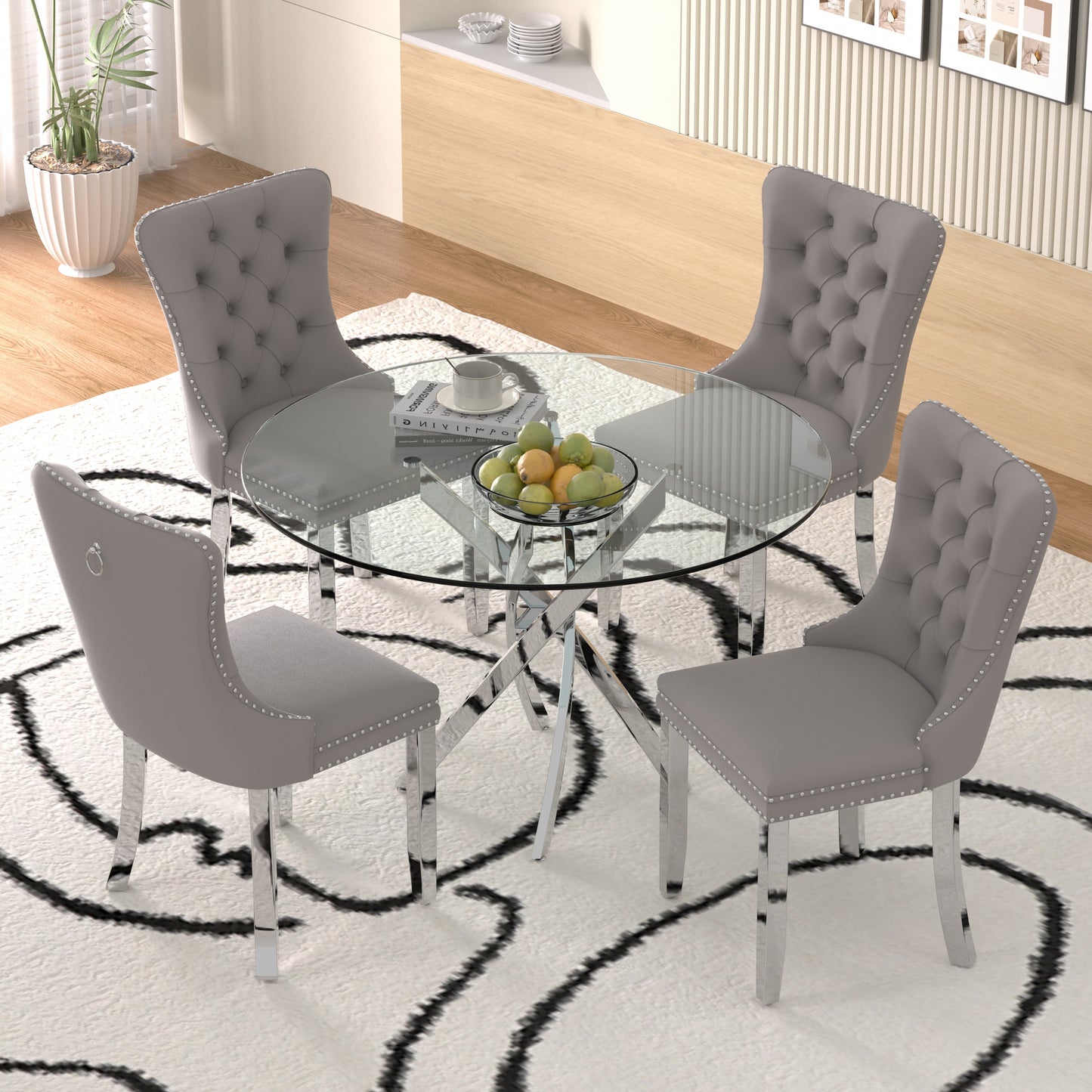Sumdeal 47" Modern Round Glass Dining Table Room Sets for 4,Dining Table with 4 Velvet Dining Chairs