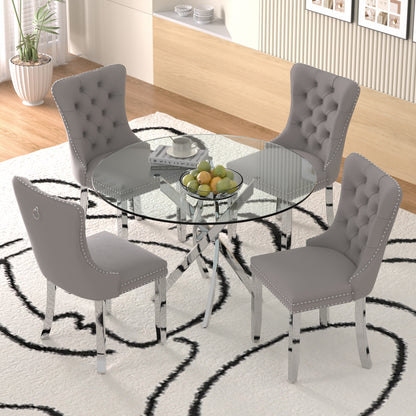 Sumdeal 47" Modern Round Glass Dining Table Room Sets for 4,Dining Table with 4 Velvet Dining Chairs