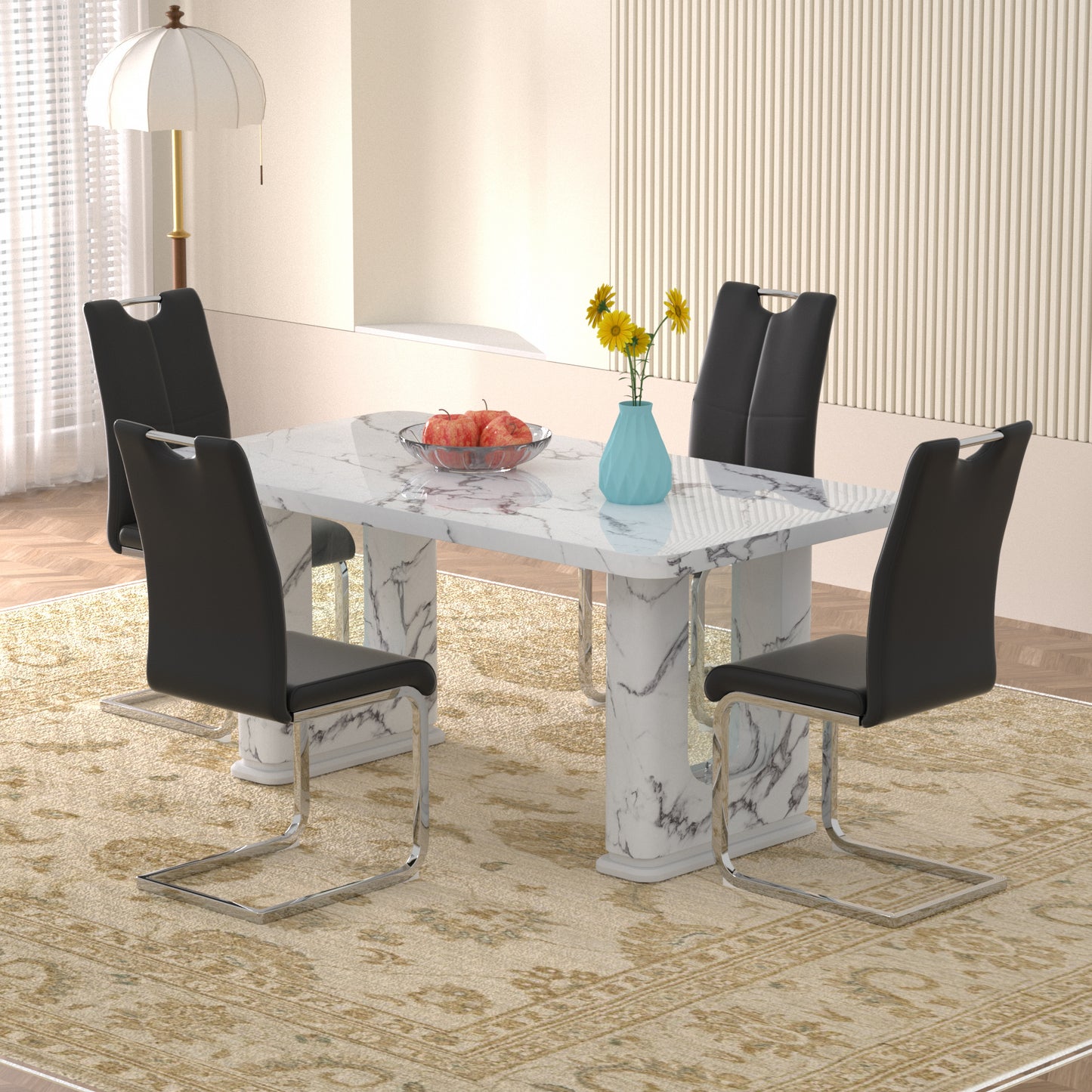Sumdeal Modern 64.5 Inch Marble Textured Dining Table with 4/6 Faux Leather Upholstered Chairs - Elegant Kitchen and Dining Room Set